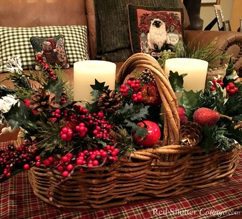 2017 Christmas Home Tour - Red Shutter Cottage Christmas Decor In Baskets, Christmas Basket Display, Christmas Basket Centerpiece Ideas, Christmas Floral Baskets, Christmas Basket Arrangements, Christmas Decor With Baskets, Wicker Basket Christmas Decor, Christmas Basket Decor Ideas, Christmas Basket Decoration Ideas