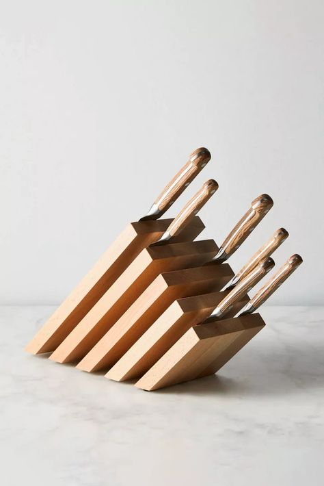 ZWILLING Slanted Beechwood Magnetic Knife Block | Urban Outfitters Knife Block Diy, Magnetic Knife Block, Knife Display, Knife Blocks, Magnetic Knife Blocks, Knife Stand, Knife Rack, Wooden Knife, Wood Knife