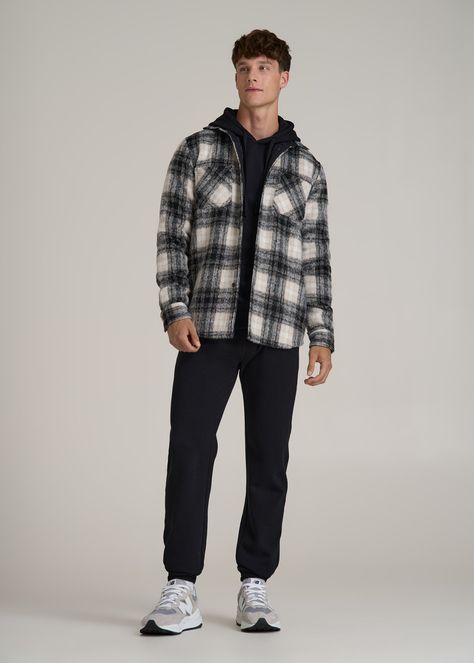 A Flannel Overshirt Built for the Tall Outdoorsman Flannel That Fits Your Tall Frame Embrace the outdoors in style with our Heavyweight Brushed Flannel Overshirt. Designed for the tall guy who loves a bit of adventure, this shirt for tall men combines warmth with functional fashion. The heavyweight flannel is pre-washed to prevent shrinkage and ensure a consistent fit, making this men's tall shirt the ideal layer for cooler days. Double chest patch pockets and a banded collar add to its rugged a Flannel Jacket Outfit, Men Flannel Outfits, Shirt Outfit Men, Classy Outfits Men, Flannel Outfits, Tall Men, Fall Outfits Men, Functional Fashion, Flannel Jacket