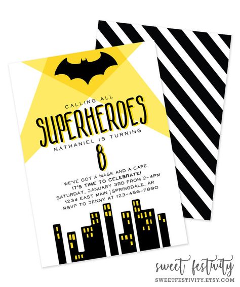 Batman Invitation  Batman Party  Superhero by SweetFestivity Comic Invitation, Batman Invitations, Superhero Man, Batman Party Supplies, Superhero Invitations, Turning 40, Disney Cars Birthday, All Superheroes, Batman Birthday Party