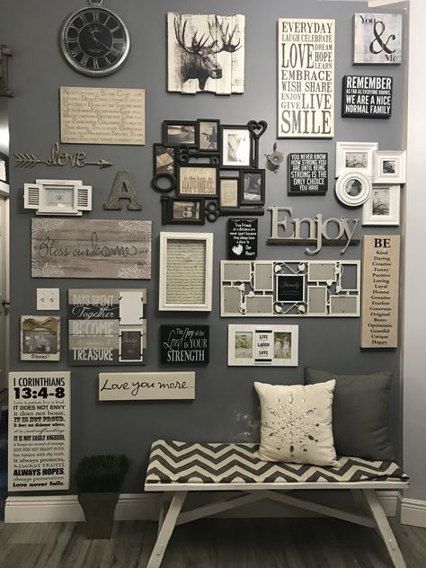 Rustic Collage Picture Frames, Rustic Wall Collage, How To Decorate A Large Wall, Wall Picture Design, Photo Wall Collage Bedroom, Wall Collage Bedroom, Decorate After Christmas, Family Wall Collage, Wall Scrabble