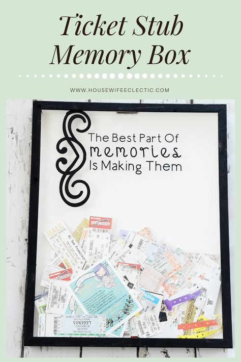 Housewife Eclectic: If you are a collector of ticket stubs here is a great way to create a fun memory box to store your memories. I love having sweet treasures like this to look back on. Ticket Memory Box Diy, Memories Box Diy, Travel Display, Room Decor Crafts, Home Decor Diy Crafts, Memory Jar, Memory Boxes, Ticket Stub, Diy Room