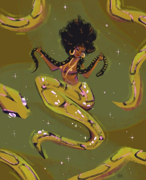 I know, i know we’re a week into #mermay and i haven’t done a post!! I’ve been working on my All Hail Fairytales illustrations and luckily we have a few mermaids in the book. This one is Mami Wata and she’s known to be a mermaid-esque figure with a snake tail who collects mirrors and combs and is a protector of mothers (in some stories) 🧜‍♀️ Mami Wata Tattoo, Mami Wata Art, Snake Mermaid, Woman With Snake, Black Mermaid Art, Mermaid Tail Art, Snake Tail, Cat's Cradle, Mami Wata