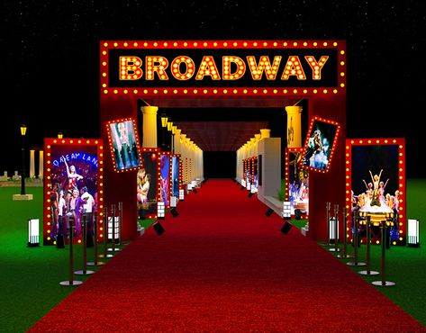 Broadway Theme on Behance Natal, Stage Decoration Ideas For College Fest, Bollywood Party Decorations, Event Entrance Design, College Fest, New York Sightseeing, Bollywood Night, Broadway Theme, Broadway Party