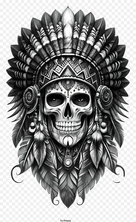 Indian Headdress Tattoo, Indian Skull Tattoos, Aztec Warrior Tattoo, Native American Tattoo Designs, Arm Tattoos Black, Headdress Tattoo, Aztec Drawing, Colored Tattoo Design, American Indian Tattoos