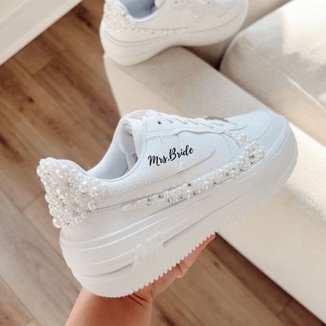 White Wedding Tennis Shoes, Bride Trainers, Air Force 1 Wedding, Bride Sneakers Wedding, Sneaker Wedding, Wedding Tennis Shoes, Wedding Trainers, Wedding Sneakers For Bride, Blue Nike Air Force