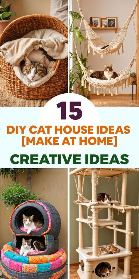 Discover clever DIY cat house projects that offer your feline friend a cozy hideaway. Transform an old wooden crate or wine box into a snug retreat by incorporating a soft cushion and cute entrance. Construct a cat tower using cardboard tubes and fabric for multiple lounging levels. Repurpose an unused cabinet or dresser drawer into a secret kitty haven with plush bedding and an access cutout. Cat House Outside Shelters, Repurposed Furniture Cat House, Cat Tower Cardboard, Diy Cat Hideout, Cat Crate Bed, Repurposed Cabinets, Diy Cat House, Diy Cat Shelves, Diy Cat Tower