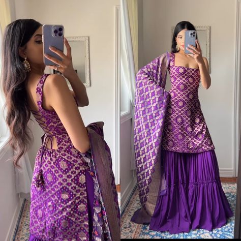 Desi Party Wear Dresses, Dark Purple Sharara Suit, Square Neck Sharara Suit, Backless Sharara Designs, Sharara Suit Back Neck Design, Square Neck Punjabi Suit, Purple Traditional Dress Indian, Desi Neck Designs, Sharara Neck Designs