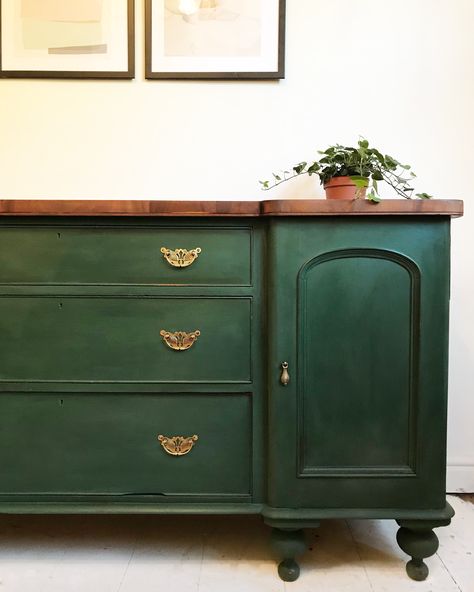 Painted in Amsterdam green and sealed with clear and dark wax on this Victorian pine sideboard - SOLD! Amsterdam Green, Green Painted Furniture, Pine Sideboard, Green Dresser, Green Furniture, Dark Wax, Diy Furniture Renovation, Furniture Rehab, Furniture Renovation