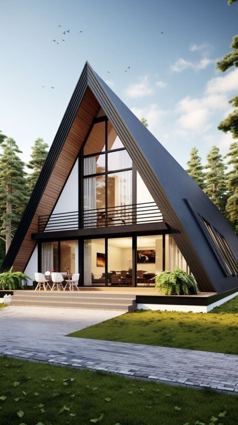 Modern Wood House, Wood House Design, Triangle House, A Modern House, Farmhouse Architecture, A Frame House Plans, Frame House, Prefabricated Houses, Timber House