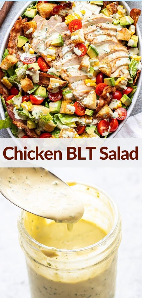 This chicken BLT salad is a hearty main dish salad inspired by the classic sandwich. Loaded with crisp romaine lettuce, tomatoes, bacon, corn, avocado, grilled chicken, croutons and an amazing creamy homemade ranch dressing. #blt #bltsalad #salad #saladrecipe #chickensalad #healthyrecipes #ranchdressing #healthydinner Couscous, Yoli Recipes, Chicken Blt Salad, Blt Salad Recipe, Easy Suppers, Chicken Blt, Keto Salads, Blt Salad, Optavia Recipes