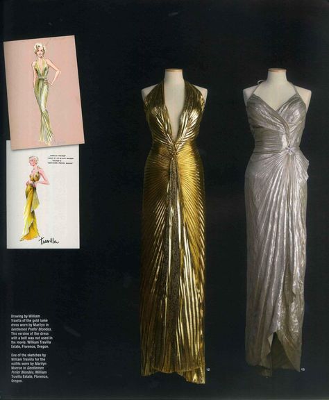 Travilla's gold lame and silver lame dresses both worn by Marilyn in the mid 1950s (from Stefania Ricci's book Marilyn). Vintage Hollywood Dresses, Gold Lame Dress, William Travilla, Marilyn Monroe Outfits, Marilyn Monroe Costume, 60s Vintage Fashion, Mirror Dress, Marilyn Monroe Dress, Marilyn Dress