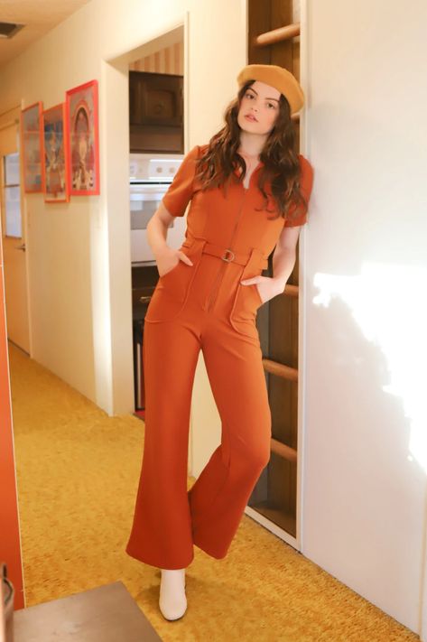 70s Jumpsuit, Orange Jumpsuit, 70s Inspired Fashion, 70s Outfits, Orange Outfit, Jumpsuit Outfit, Jumpsuit With Sleeves, Adjustable Belt, 70s Fashion