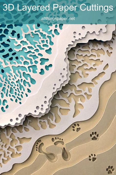 beach scene layered paper cutting with waves breaking at shore and footprints and dog pawprints in the sand Mandalas, Paper Cutout Effect, Woodworking Templates, Cut Paper Illustration, Arte Quilling, Laser Cut Paper, Cut Out Art, Paper Cutout Art, Projets Cricut