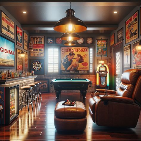 Experience a nostalgic man cave decked out with vintage decor, retro gaming, a stocked mini-fridge, and a magnetic dartboard. Immerse yourself in endless entertainment with a 70-inch TV, pool cum ping pong table, retro jukebox, and a fully-stocked bar. #ManCave #HomeBar #GameRoom #RetroDecor #HomeEntertainment #BachelorPad 80s Game Room, Man Cave Games, Garage Bar, Pool Rooms, Bachelor Pad, Mini Fridge, Game Room Design, Game Room Decor, Rec Room