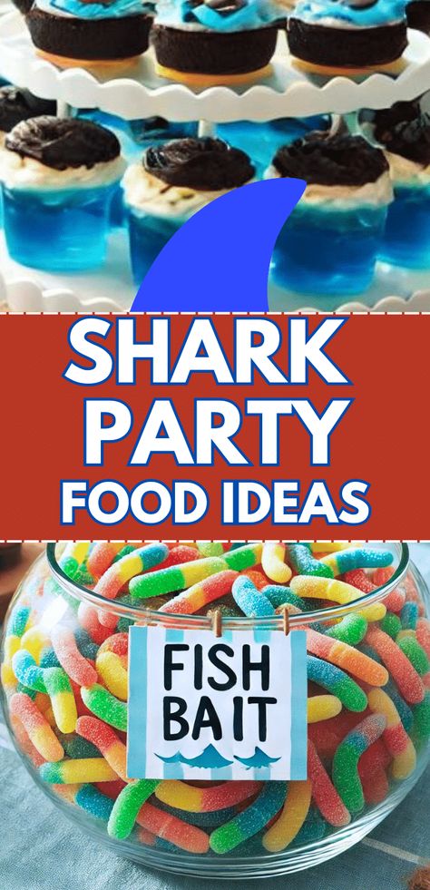 SHARK PARTY FOOD IDEAS FOR KID PARTIES - shark food ideas for Shark Week parties, Baby Shark birthday party, ocean party food ideas and any shark themed party ideas. #sharks #sharkparty #sharkfood #partyfoods #partysnacks Shark Food Ideas, Shark Party Food Ideas, Ocean Party Food, Shark Party Food, Ocean Themed Food, Shark Themed Food, Shark Party Foods, Shark Food, Shark Snacks