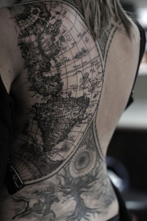 Travel Tattoos Wanderlust Tattoos, World Map Tattoos, Places To Get Tattoos, Map Tattoo, Wanderlust Tattoo, Map Tattoos, Full Back Tattoos, Travel Outfits, Back Tattoos