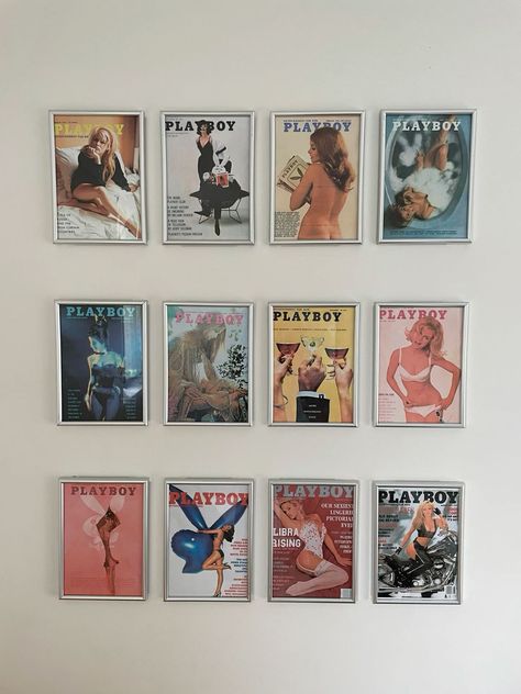 Hotel Room Design Colorful, Magazine Cover Wall Decor, Framed Magazine Covers, Magazine Cover Wall Art, Magazine Wall Display, Framing Magazines, Playboy Magazine Wall, Magazine Decor Ideas, Decorating Walls In Bedroom