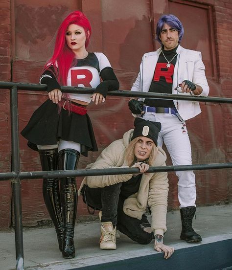 Kelly Eden on Instagram: “ITS TEAM ROCKET! Blasting off again with new threads. @mrleozombie as James @rip.gushy as meowth @kellyeden as Jesse Shot by…” Team Rocket Outfit, Team Rocket Costume, Rocket Cosplay, Team Rocket Cosplay, Pokemon Team Rocket, Duo Costumes, Pokemon Team, Hot Halloween Outfits, Red Outfits