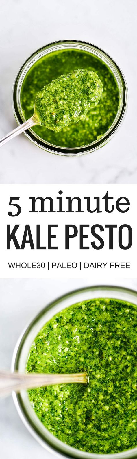 5 Minute Vegan Kale Pesto - made with pine nuts, olive oil, kale, parsley, garlic, salt, and lemon juice. So easy and extremely versatile for pizzas, salads, pasta, and breads! Less than 99 calories per serving. Easy whole30 pesto. paleo pesto recipe. Dairy free pesto. Best dairy free pesto recipe. Best whole30 pesto recipe. Paleo Pesto Recipe, Whole30 Pesto, Paleo Pesto, Kale Pesto Recipe, Dairy Free Pesto, Salad Kale, Kale Pesto, Kale Recipes, Olive Oils