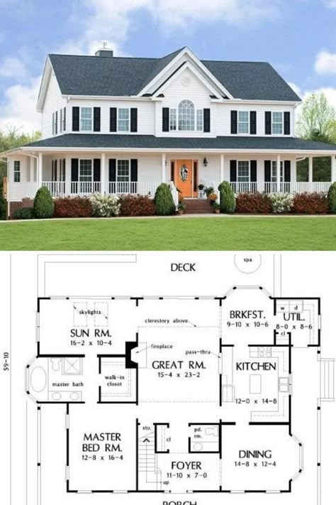 2000sqft House Plans, House Plans 2 Story, Farmhouse Layout, Unique House Plans, Cool House Plans, Little House Plans, Farmhouse Floor Plans, Porch House Plans, Two Story House Plans