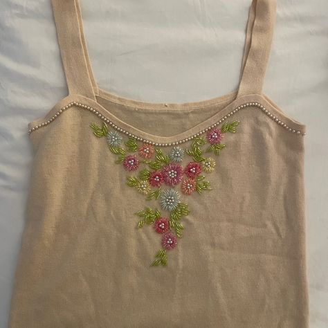 Tan Colored Cashmere Cami With Delicate Bead Design. Pearl Stitching. Can Fit Size Xs/S. Never Worn. Bead Embroidery On Clothes, Flower Embroidery On Shirt, Crochet Clothes With Beads, Embroided T Shirts, Flower Bead Embroidery, Embroidery Designs Beads, Beaded Tank Top, Bead Work Embroidery Shirt, Beads On Clothes