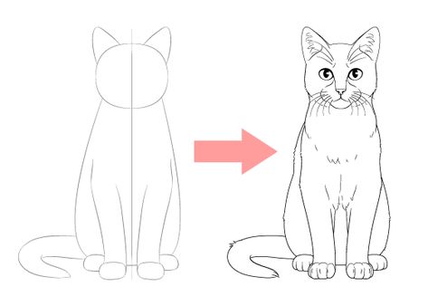 Easy Drawing Tutorials for Beginner & Intermediate Artists Sitting Cat Drawing Easy, Cat Drawing Front View, Cat Front View Drawing, Cat Tutorial Drawing, How To Draw Cats Step By Step, Sitting Cat Drawing, Cat Front View, Overall Drawing, Wolf Drawing Easy