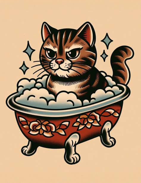 Cat Bubble Bath Traditional Tattoo Print Cute American Traditional Tattoo Flash, American Traditional Tattoos Book, Tradional Tattoo Designs, Bubble Bath Tattoo, Cat Toy Tattoo, Illustrative Cat Tattoo, Traditional Bat Face Tattoo, Babushka Cat Tattoo, Traditional Cat Tattoo Flash