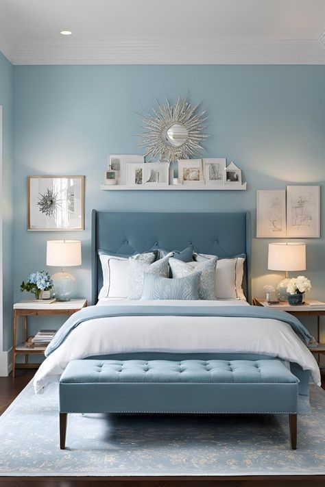 Accent Wall Blue Bedroom, Shades Of Blue For Bedroom Walls, Light Blue Interior Paint, Colour Shades For Bedroom, Light Blue Accent Wall Bedroom, Light Blue Walls Bedroom, Bedroom Accent Wall Ideas Paint Colors, Light Blue Bedroom Ideas, Blue Accent Wall Bedroom