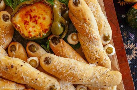 Witch Finger Breadsticks for Halloween Witch Finger Breadsticks, Finger Bread, Finger Breadsticks, Soft French Bread, Parmesan Pizza, Witches Fingers, Bread Sticks, Pastry Brushes, Green Olives