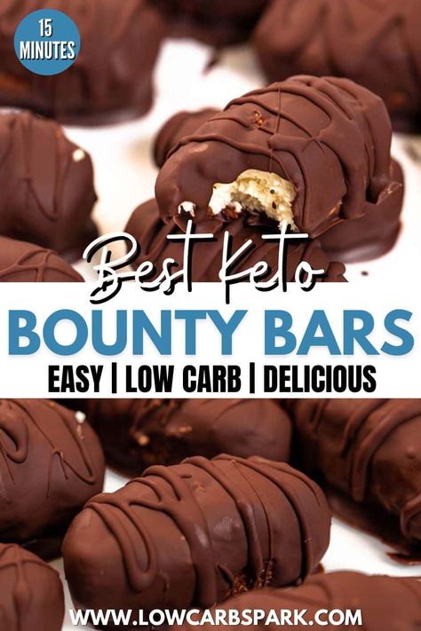 Keto Bounty Bars Keto Bounty Bars, Bounty Bars, Thm Desserts, Keto Brownies, Lchf Recipes, Keto Dessert Easy, Keto Cheesecake, Paleo Snacks, Sugar Free Desserts