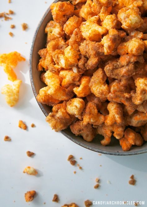 Puff Corn Recipes, Puffed Corn Recipes, Cheddar Corn, Savory Popcorn, Corn Puffs, Baked Caramel, Snack Mixes, Popcorn Recipes, Snack Treat