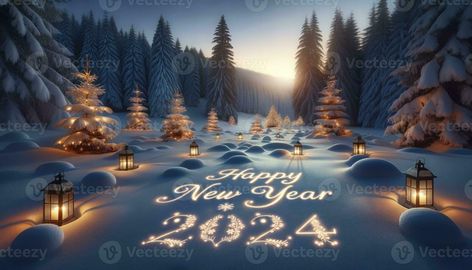 A serene snowy landscape at twilight with tall pine trees, lantern-lit surroundings, and the words Happy New Year 2024 carved in the snow. AI Generated