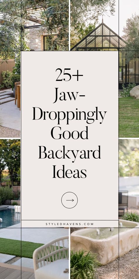 Searching for modern backyard ideas? Whether you're planning a backyard seating or other outdoor seating area, or are on the hunt for some *really good* patio inspiration, these GORGEOUS backyard inspiration are a MUST-SEE. See our fav outdoor backyard decorating ideas and how we'd recreate each of these beautiful outdoor ideas PLUS shop the post as you go! ->>> Simple Outdoor Area, Spa Like Backyard, Medium Sized Backyard Ideas, Art Deco Backyard, Fun Outdoor Spaces, Backyard Modern Landscaping, Backyard Teenage Hangout, Patio Seating Area Ideas, Backyard Reading Area