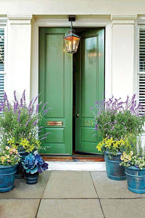 Green Door Coral Front Doors, Bold Front Door Colors, Bold Front Door, Green Front Door, Front Door Planters, Veranda Design, Yellow Front Doors, Indoor Paint, Door Planter