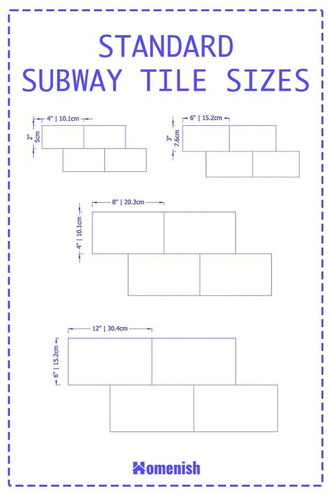 A subway tile has a traditional and standard size of 3 x 6 inches. Other common sizes include 2 x 4 inches, 4 x 8 inches, 6 x 12 inches. Some popular subway tile patterns include 50% offset, ⅓ offset, ¼ offset, Grid, Herringbone. Subway Tile Sizes, Subway Tile Patterns, Subway Tile, Ceiling Design, Tile Patterns, Herringbone, 6 Inches, Tile, Drawings