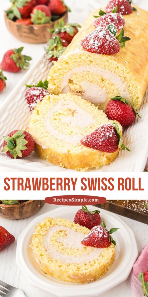 This delicious Strawberry Swiss Roll cake is a light and airy sponge cake that is rolled up with a decadent cream cheese and strawberry filling. Strawberry Swiss Roll, Strawberry Cream Cheese Filling, Sponge Cake Roll, Swiss Roll Cakes, Roll Cakes, Swiss Roll Cake, Cake Roll Recipes, Roll Recipes, Warm Cake