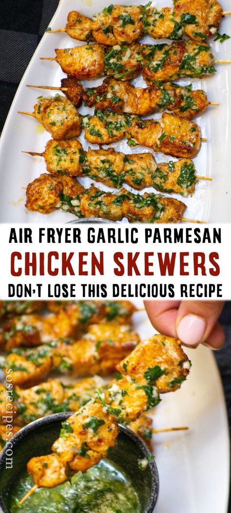 Air Fryer Garlic Parmesan Chicken Skewers via @sosrecipesofficial Bacon Air Fryer, Air Fryer Garlic Parmesan Chicken, Garlic Parmesan Chicken Skewers, Parmesan Chicken Skewers, Air Fryer Cake, Chicken Air Fryer, Air Fryer Garlic, Air Fryer French Fries, Air Fryer Wings