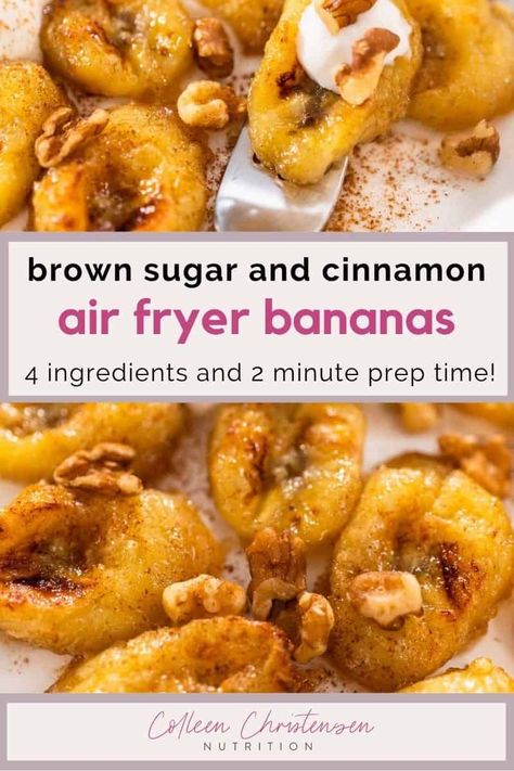 If you're looking for an easy air fryer dessert or air fryer snacks, you have to try this air fryer bananas recipe. Made with sliced banana, melted butter, brown sugar, and cinnamon, it's an easy 4 ingredient recipe that is SO versatile. Whether you want to add your caramelized bananas to ice cream, yogurt, or just to eat as is. You'll love these sweet and delicious bananas, and you'll love this easy beginner air fryer recipe. Cinnamon Bananas Air Fryer, Air Fryer Bananas Recipe, Banana Recipes In Air Fryer, Banana Air Fryer Recipes, Banana Air Fryer, Air Fryer Bananas, Air Fryer Snacks, Air Fryer Dessert, Air Fryer Banana