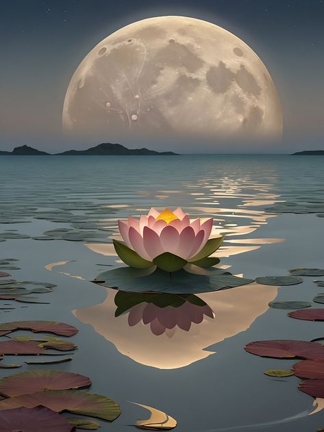 A Lotus Flower Growing Near SEA Sand Full Moon Is Calm Reflection Of In Sea#pikbest##Backgrounds Nature, Lotus On Water, Lotus Flower Growing, Lotus Flower Background, Diwali Facts, Flower Full Moon, Sea Backgrounds, Lotus Background, Lotus Flower Images