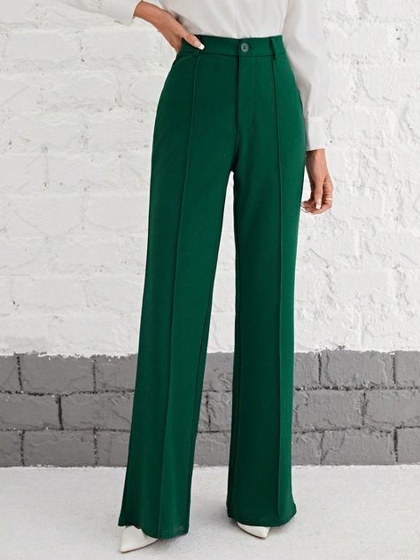 SHEIN Tall High Waist Seam Detail Straight Leg PantsI discovered amazing products on SHEIN.com, come check them out! Fall Fashion Work, Green Slacks, Autumn Fashion Work, Green Pants Outfit, Dark Green Pants, Formal Chic, Clothing Pattern Design, Ribbed Knit Bodysuit, Casual Outfits For Work