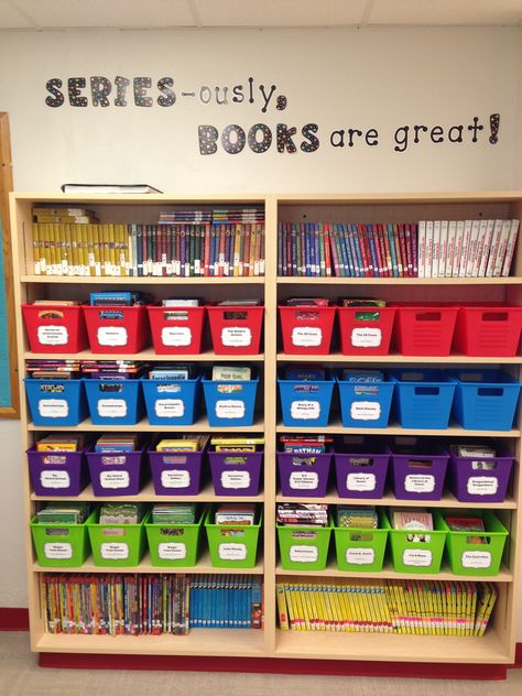 Series books are shelved in their own section.  Labels for series are on the baskets. Elementary Librarian, School Library Decor, Classroom Library Organization, School Library Design, School Library Displays, Middle School Libraries, Library Themes, Library Book Displays, Elementary School Library