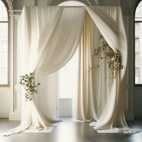 Ivory Wedding Arch Ceremony Backdrop, Draped Alter Wedding, Elegant Backdrops For Wedding, Chiffon Wedding Backdrop, Non Floral Wedding Backdrop, Wedding Arch With Curtains, Drapery Arch Wedding, Draped Greenery Wedding, Curtain Wedding Decor