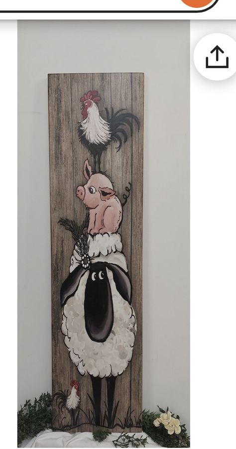 Painting On Wood Planks Art, Easy Farm Paintings, Hand Saw Art Ideas, Wood Plank Art, Farm Animal Painting, Animal Canvas Paintings, Plank Art, Farmhouse Paintings, Farm Paintings