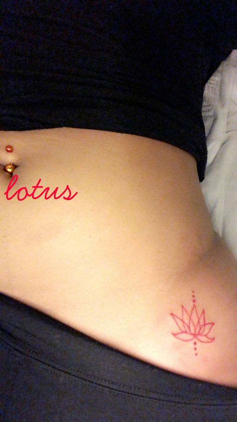 Red Tattoo On Thigh, Back Of Neck Tattoo Lotus Flower, Lotus Hip Tattoo, Side Waist Tattoos Women, Lotus Flower Tattoo Red, Small Red Tattoo Ideas, Red Tattoo Ideas Female, Red Lotus Flower Tattoo, Handtattoo Ideas