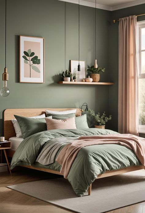 30 Chic Sage Green and Blush Bedroom Ideas 43 Eucalyptus Bedroom Color Palettes, Green Boho Room Ideas Bedroom, Soft Green Room, Sage Accent Wall Bedroom, Sage Green And Beige Bedroom, Parents Bedroom Design, Cottagecore Bedroom Ideas, Sage Bedroom, Green Bedroom Walls