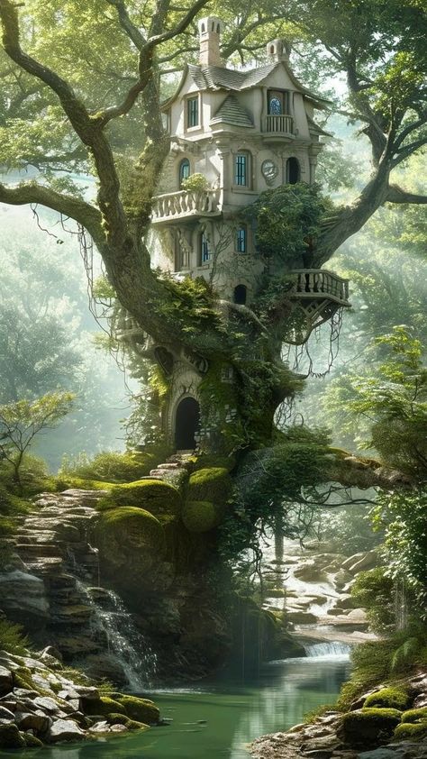 Moody Drawings, Treehouse City, Mythical Architecture, Fantasy Mountains, Fantasy Treehouse, Buddha Tree, Fairy Kingdom, Fairytale Houses, Fantasy Cottage