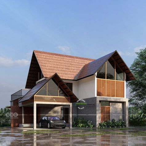 Kerala sloping roof house House Rendering, Building Design Plan, Sloped Roof, Sloping Roof, Slope House, Roof House, Rooftop Terrace Design, Classic House Exterior, Modern Architecture Building