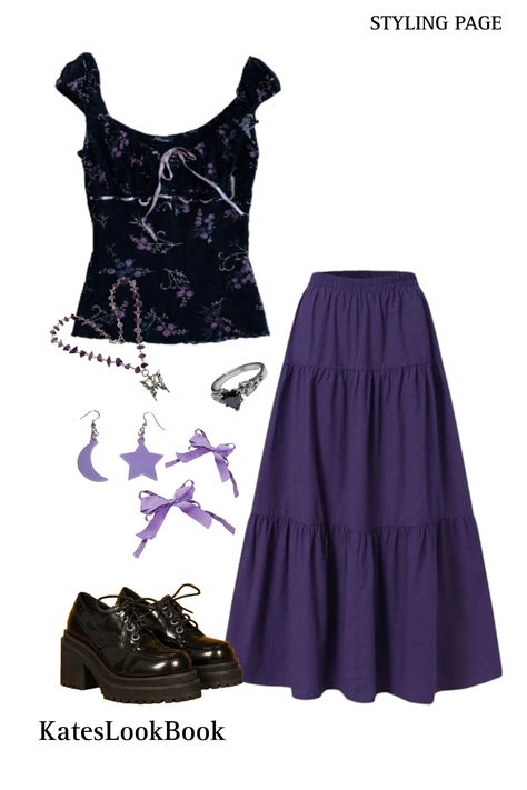 Summer Witch Outfits Plus Size, Witch Outfit Purple, Witchy Look Outfit, Gothic Purple Outfit, Whimsigoth Outfits Purple, Whimsical Goth Summer Outfits, Purple Core Outfit, Autumn Whimsigoth Outfits, Purple Witch Aesthetic Outfit