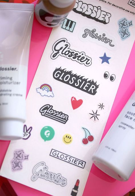 Glossier Skin Care, Glossier Branding, Skin Care Stickers, Skincare Stickers, Glossier Pop Up, Glossier Skin, Glossier Packaging, Branded Stickers, Designer Makeup